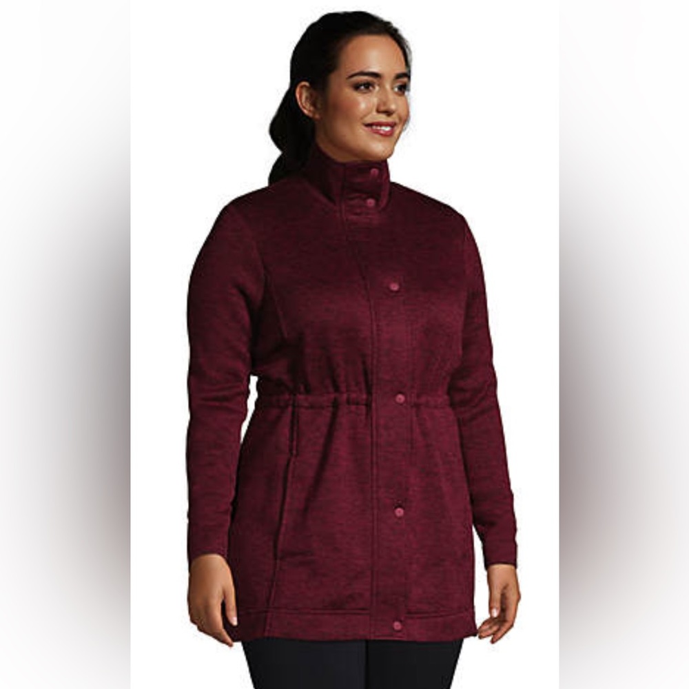 Lands’End Plus Size 2X Sweater Fleece Garnet Red Long Fall Coat Jacket, like new